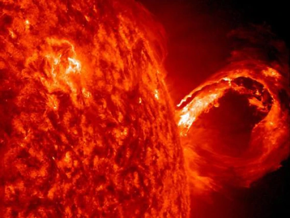 A coronal mass ejection, associated with a solar flare, blew out from just around the edge of the sun on May 1, 2013.